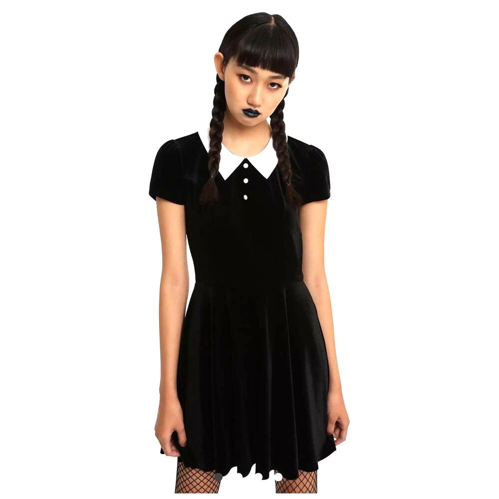 Hot Topic Black Velvet Wednesday Addams Dress S/M Peter Pan White Collar Gothic